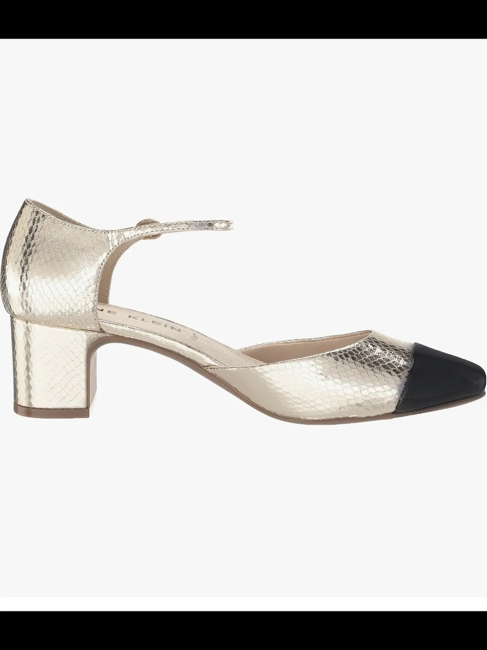 ANNE KLEIN  Metallic Gold and Black Cap-Toe Iflex  Ankle Strap Pump